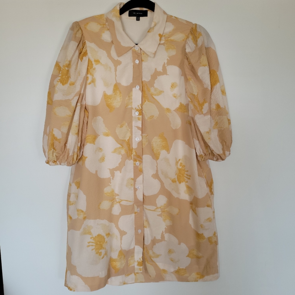 EN SAISON Floral Yellow Cream Dress Puff Sleeve  Size S 100% Cotton Boho Cottage